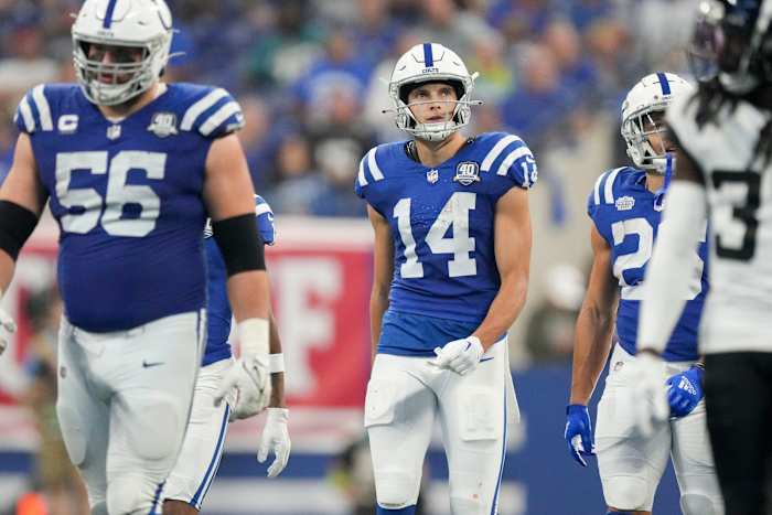 Indianapolis Colts wide receiver Alec Pierce (14) walks the field between plays Sunday, Sept. 10, 2023, during a game against the Jacksonville Jaguars at Lucas Oil Stadium in Indianapolis.